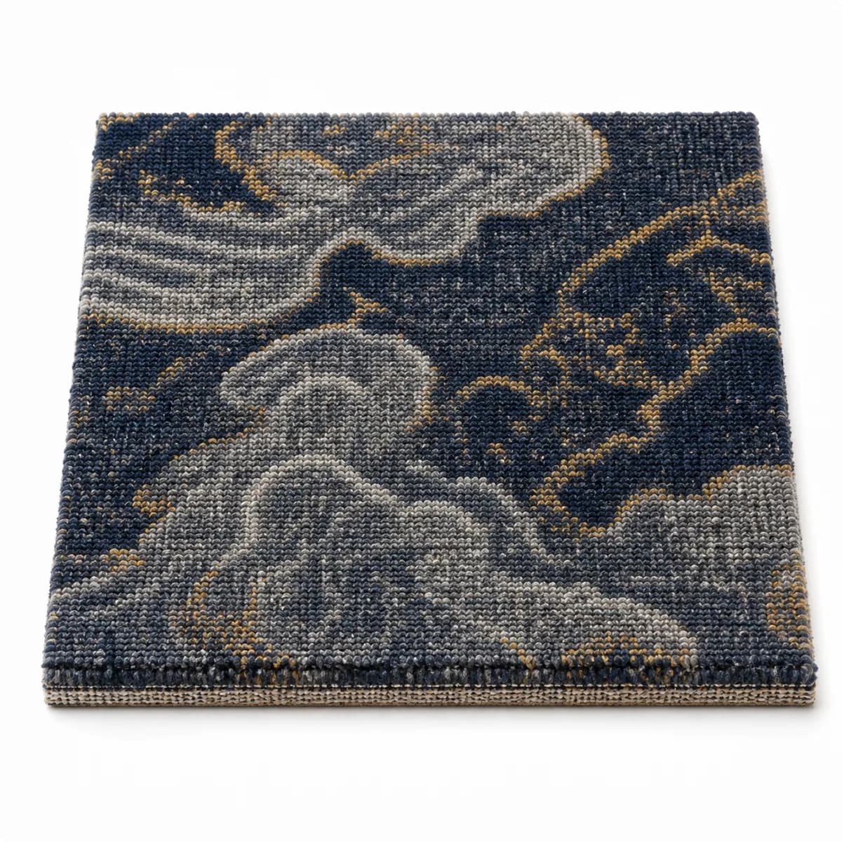 White background Axminster carpet sample showing pile texture backing and edge thickness
