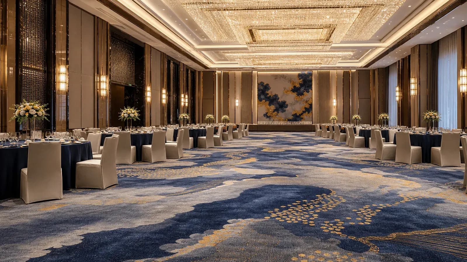 Luxury five star hotel ballroom with custom blue and gold commercial carpet installation